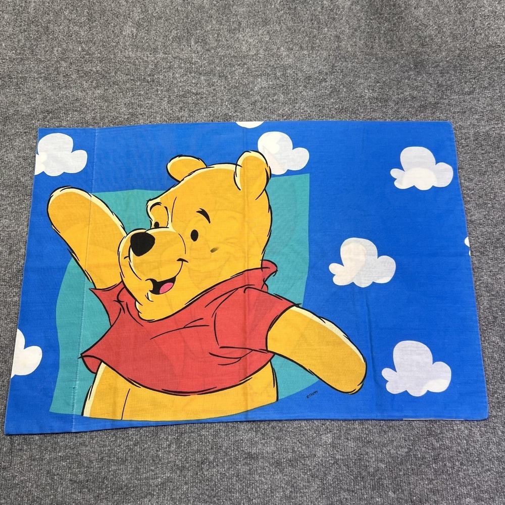 Vintage Disney Winnie The Pooh Piglet Pillowcase Blue Cotton 20x29 Kids Cartoon